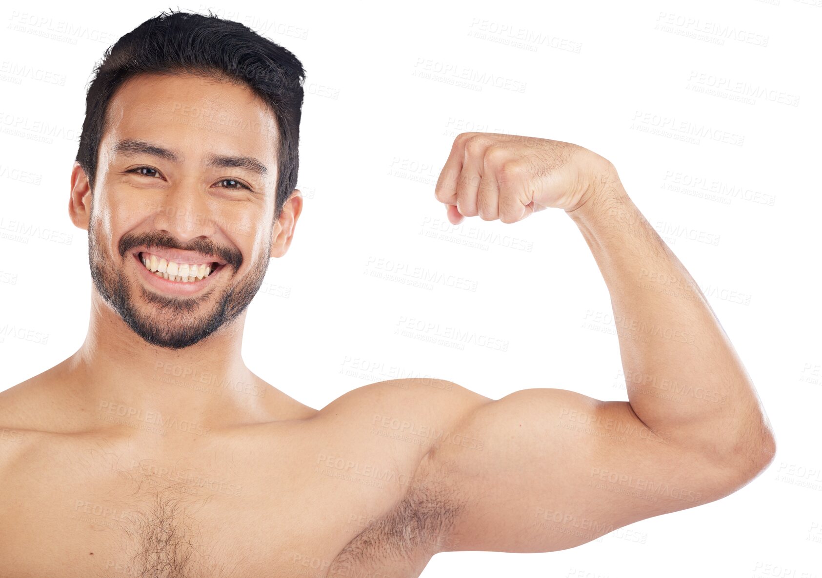 Buy stock photo Portrait with strong muscle, bodybuilder and flex bicep, arm or growth from gym on isolated, transparent or png background. Man flexing, body check or progress of muscles from in exercise or workout