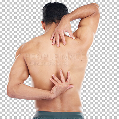 Buy stock photo Man stretching, body or hands on back pain in muscles or stretch for relief or tension release on isolated, transparent or png background. Athlete, anatomy or bodybuilder flexing arms to check injury