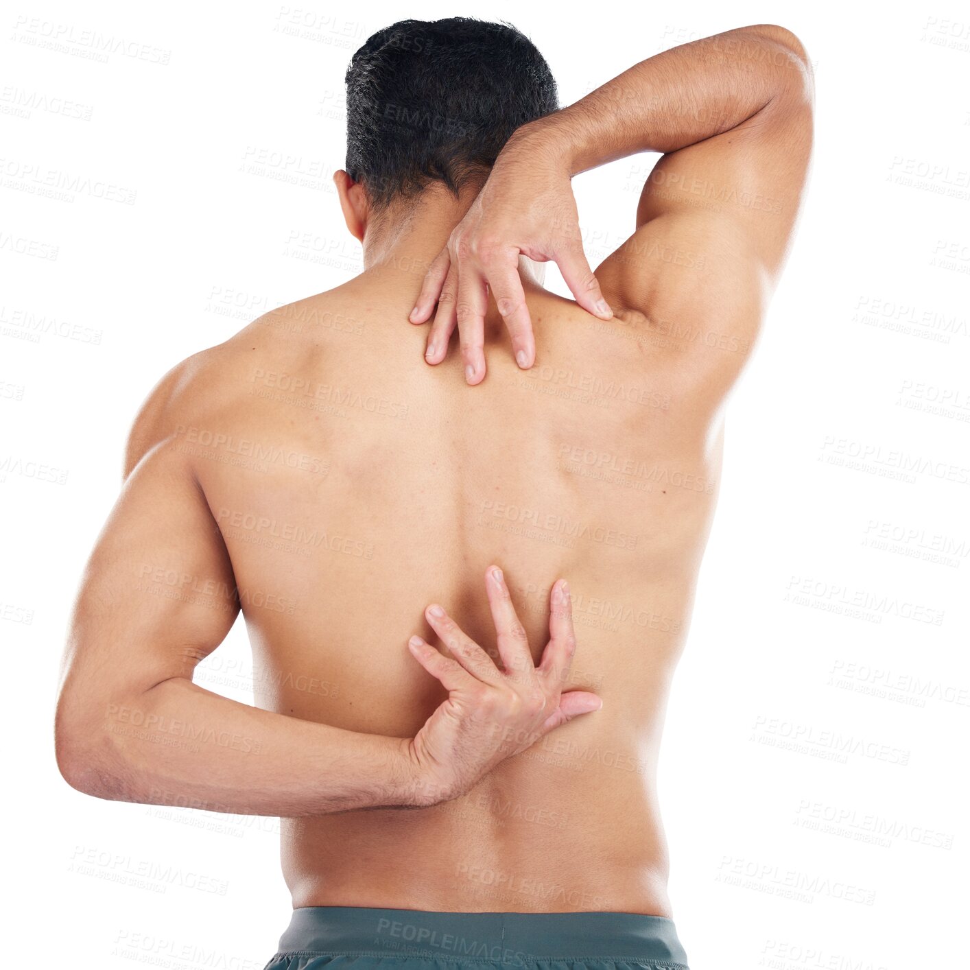 Buy stock photo Man stretching, body or hands on back pain in muscles or stretch for relief or tension release on isolated, transparent or png background. Athlete, anatomy or bodybuilder flexing arms to check injury