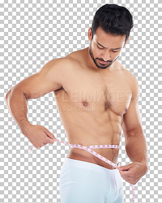 Buy stock photo Man, body or measuring tape on stomach isolated on png background to monitor weight loss, bmi or target. Wellness. sports athlete or topless person checking belly, waist or abdomen for fitness goal