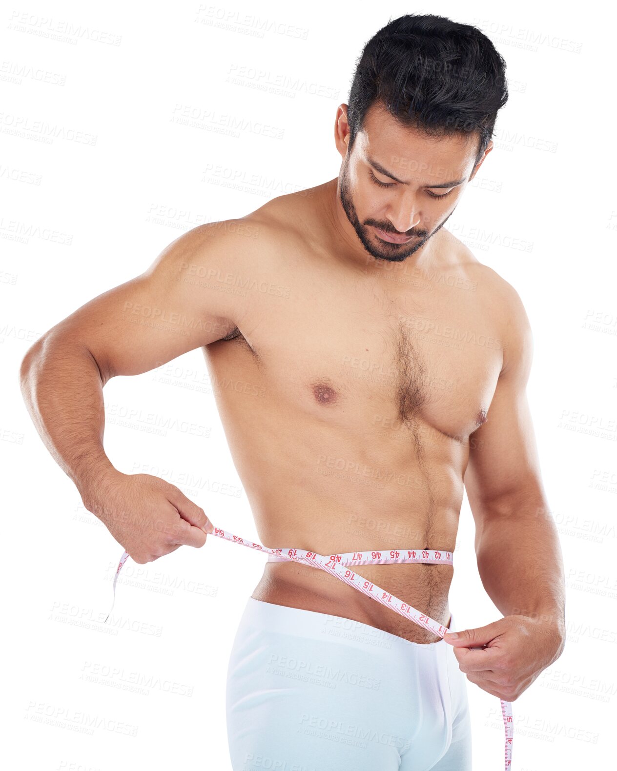 Buy stock photo Man, body or measuring tape on stomach isolated on png background to monitor weight loss, bmi or target. Wellness. sports athlete or topless person checking belly, waist or abdomen for fitness goal