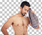 Man with towel after fitness, tired and sweat from workout with