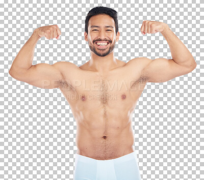 Buy stock photo Portrait, happy or strong man flexing arms with fitness in training isolated on transparent png background. Athlete, smile or proud topless bodybuilder with biceps progress or body goal with wellness