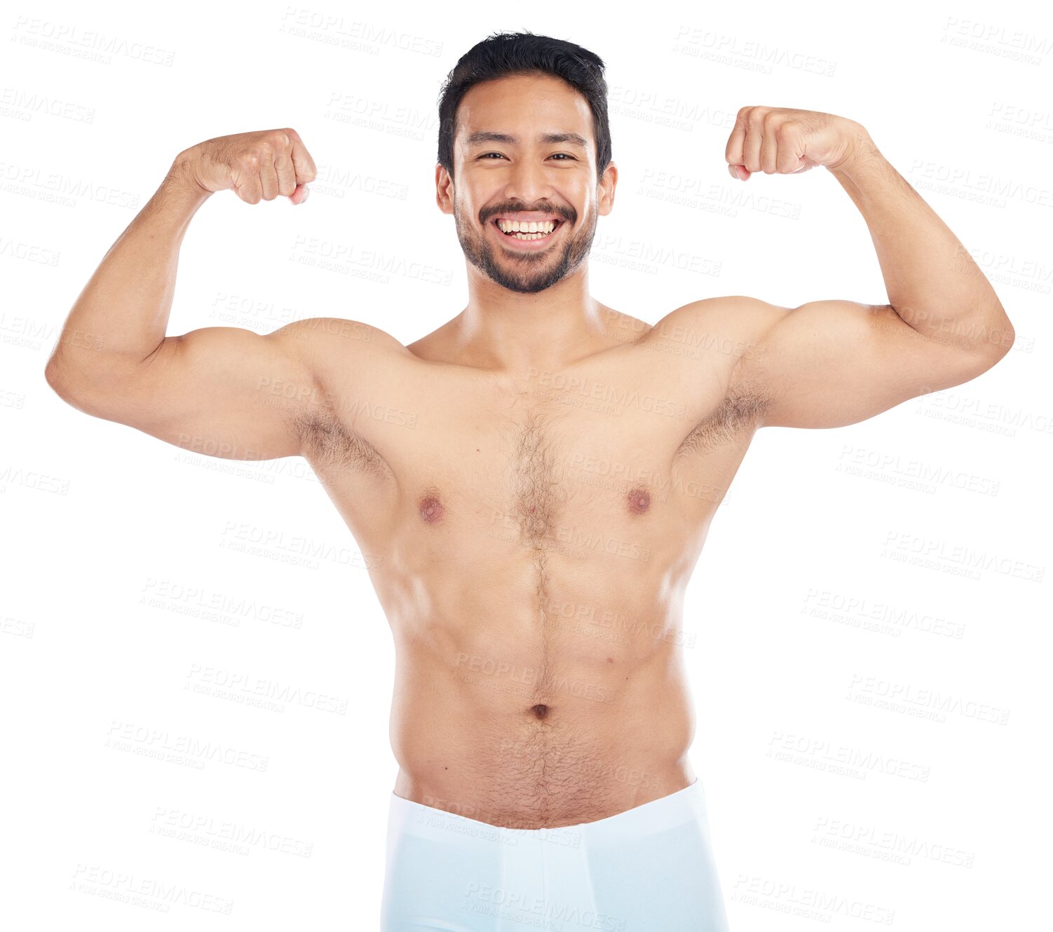 Buy stock photo Portrait, happy or strong man flexing arms with fitness in training isolated on transparent png background. Athlete, smile or proud topless bodybuilder with biceps progress or body goal with wellness