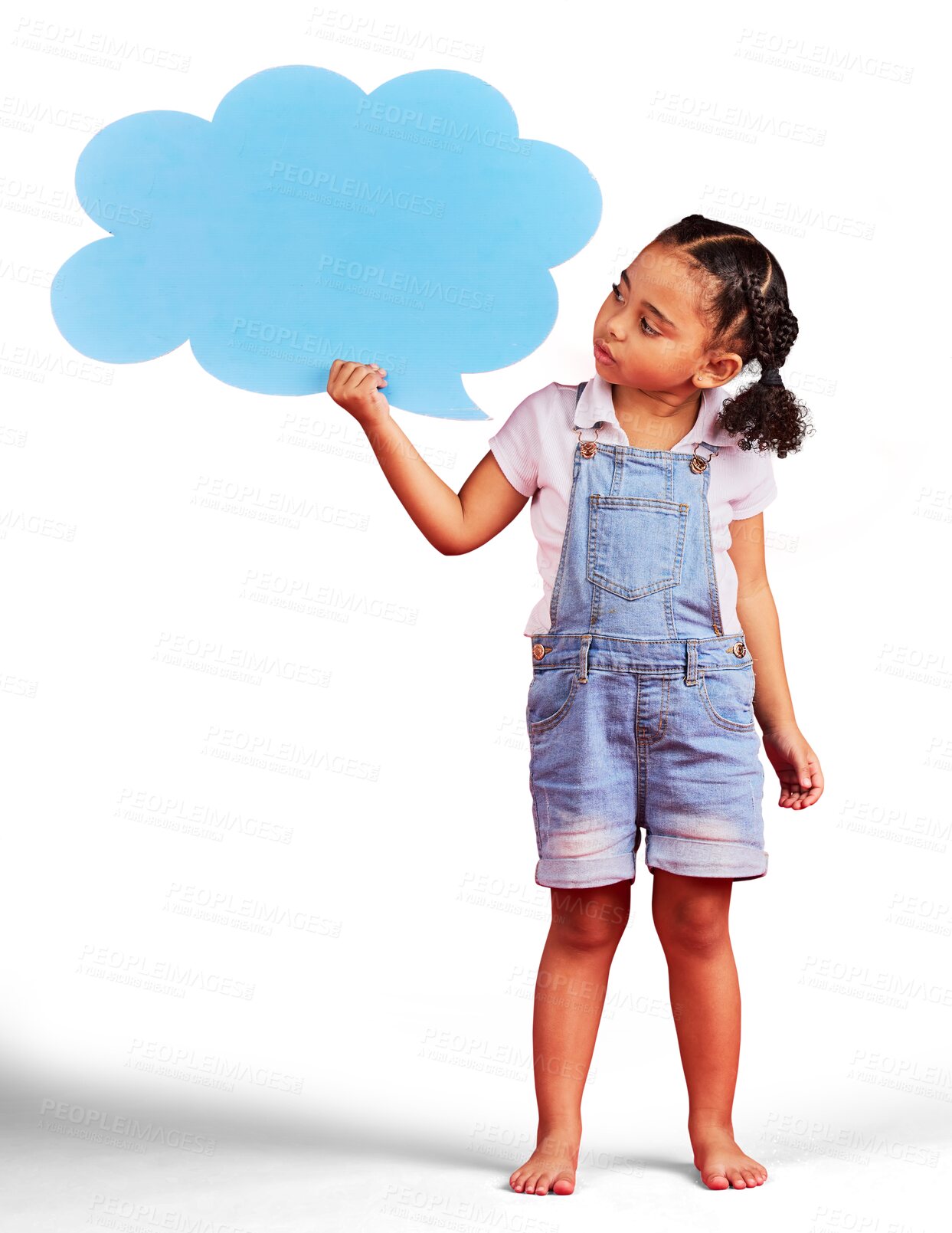 Buy stock photo Child, talking and speech bubble for idea, opinion or vote isolated on a transparent png background for social media. Thinking, kid and girl with space for communication, feedback or forum for chat.