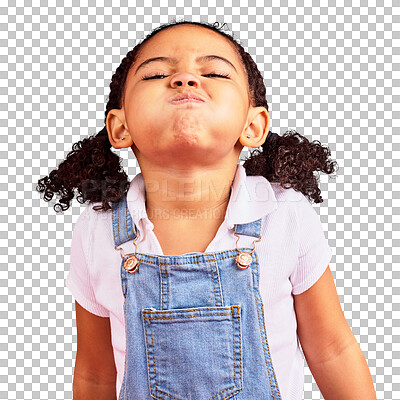Buy stock photo Attitude, frustrated and portrait of a girl with anger isolated on a transparent png background. Stress, problem and a young kid with air in cheeks, tantrum behaviour and mad facial expression