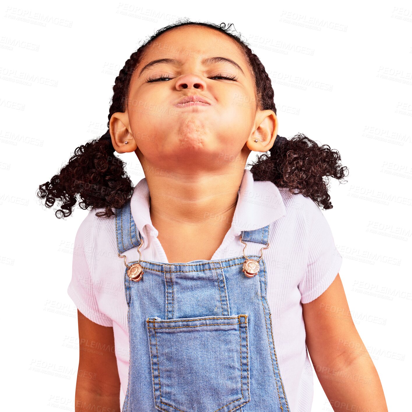 Buy stock photo Attitude, frustrated and portrait of a girl with anger isolated on a transparent png background. Stress, problem and a young kid with air in cheeks, tantrum behaviour and mad facial expression