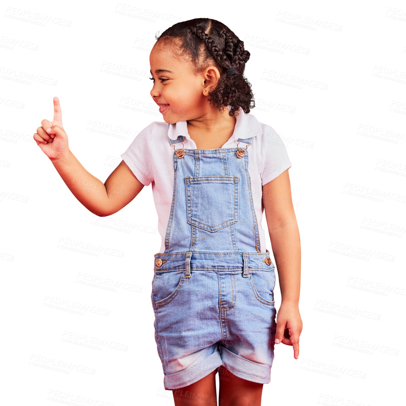 Buy stock photo Finger, happy and girl child pointing with a smile for marketing, promotion or advertising. Happiness, youth and sweet African kid model with cute fashion isolated by a transparent png background.