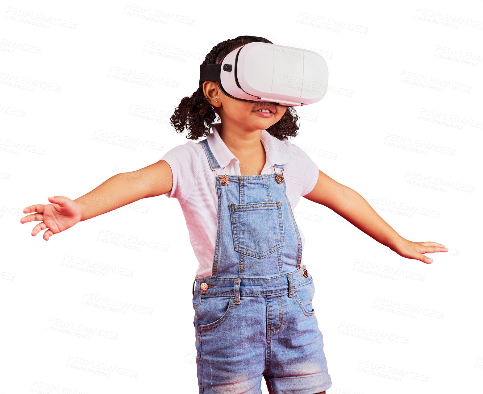 Buy stock photo Gaming, virtual reality and metaverse with girl and glasses for digital transformation, video games and innovation. Happy, playing and a child with vr headset isolated on a transparent png background