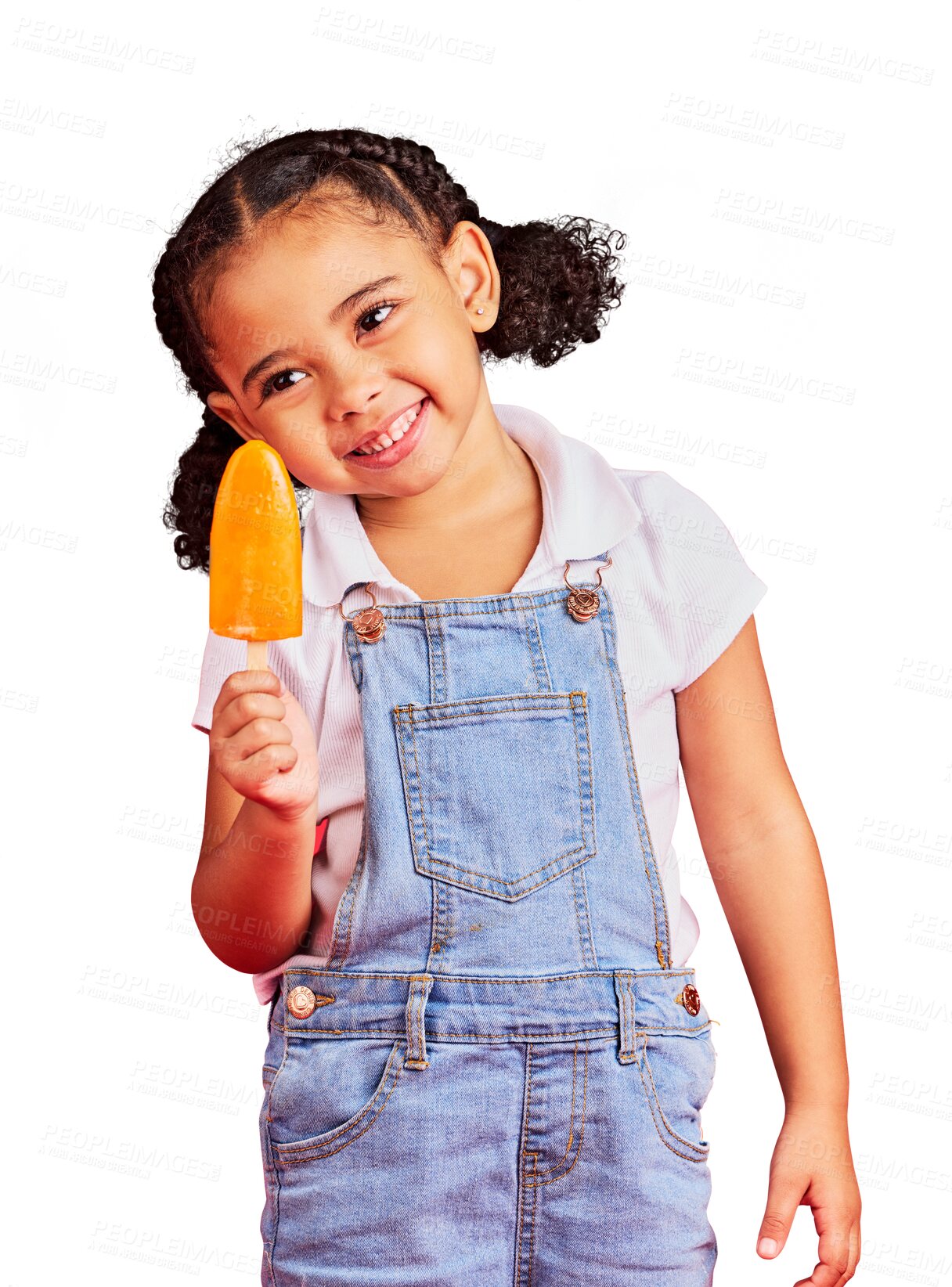 Buy stock photo Happy, smile and girl child with a popsicle for cool snack or sweet treat for summer heat relief. Happiness, excited and young kid model eating fruit ice cream isolated by transparent png background.