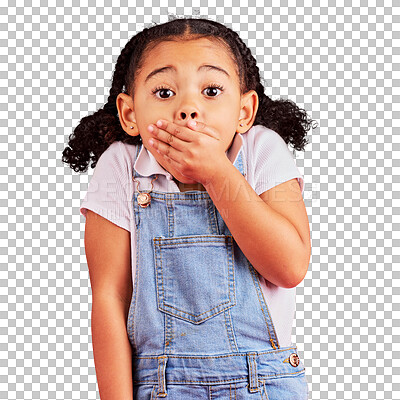 Buy stock photo Child surprise, portrait and hand on mouth in secret, mistake and fail facial expression. Kid, little girl and wow face for gossip, news or shocked while isolated on a transparent png background