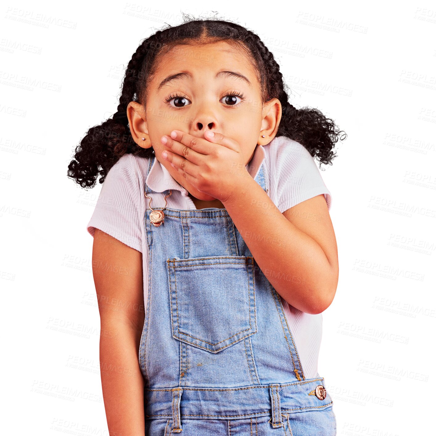 Buy stock photo Child surprise, portrait and hand on mouth in secret, mistake and fail facial expression. Kid, little girl and wow face for gossip, news or shocked while isolated on a transparent png background