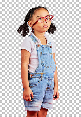 Buy stock photo Portrait, glasses and sad with black girl is depressed in png or isolated and transparent background for eyesight. Unhappy, kid and female child with frame for prescription or vision with spectacles.