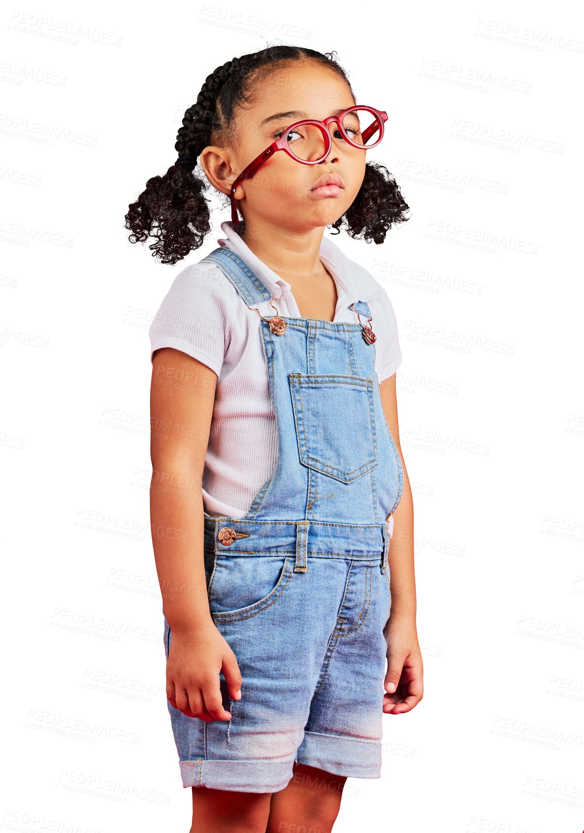 Buy stock photo Portrait, glasses and sad with black girl is depressed in png or isolated and transparent background for eyesight. Unhappy, kid and female child with frame for prescription or vision with spectacles.
