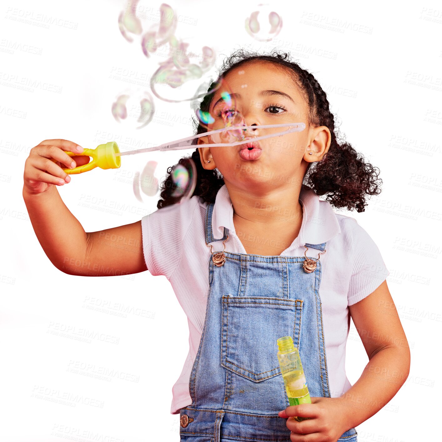 Buy stock photo Young girl, playing and blowing bubbles, fun and happiness isolated on png transparent background. Kid activity, entertainment and female child is playful with toys, recreation and games with freedom