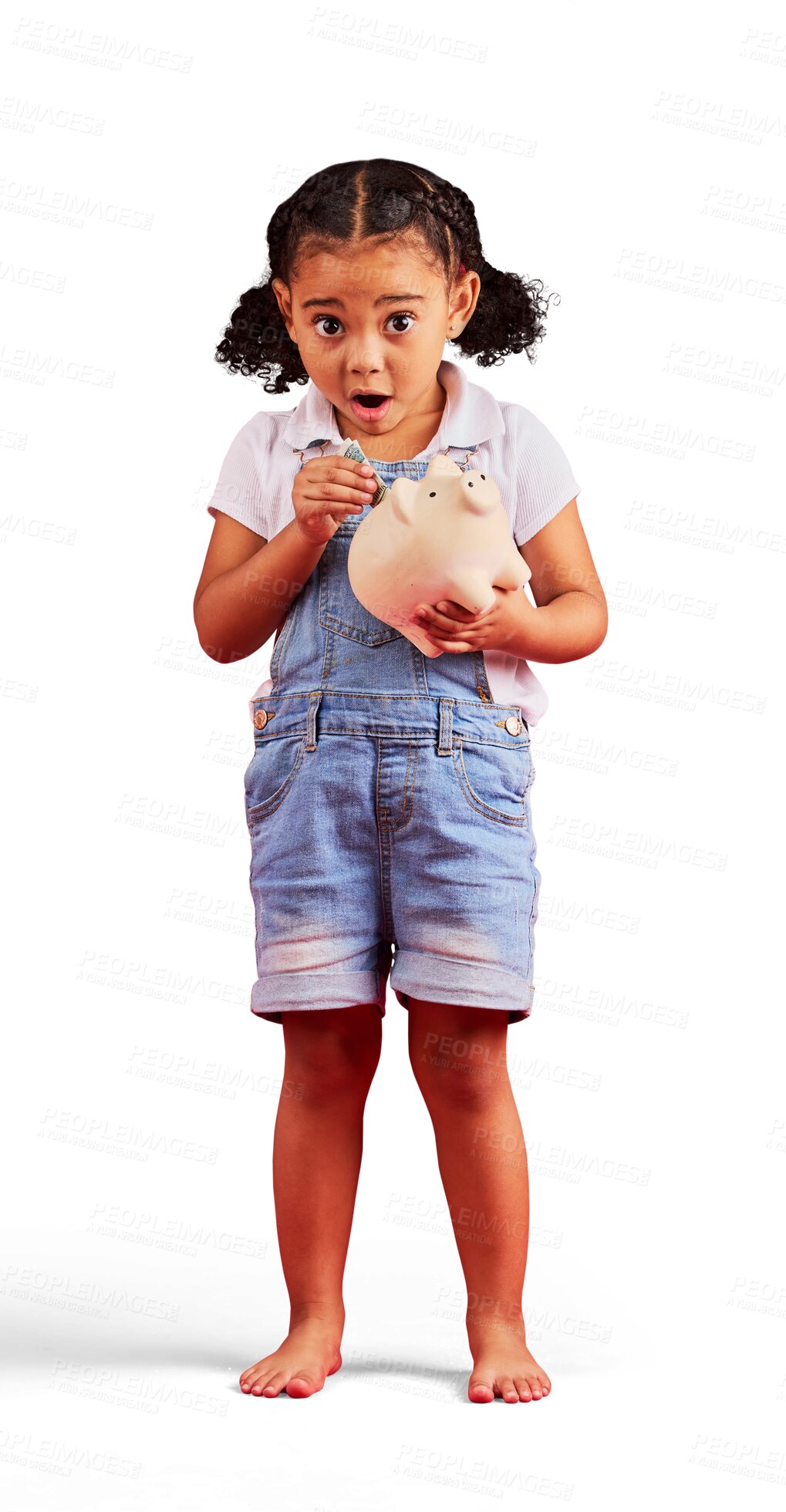 Buy stock photo Surprise face, girl child with piggy bank and money deposit, savings and future on png transparent background.
Wow, investment and young female kid learning to budget, finance and coin container