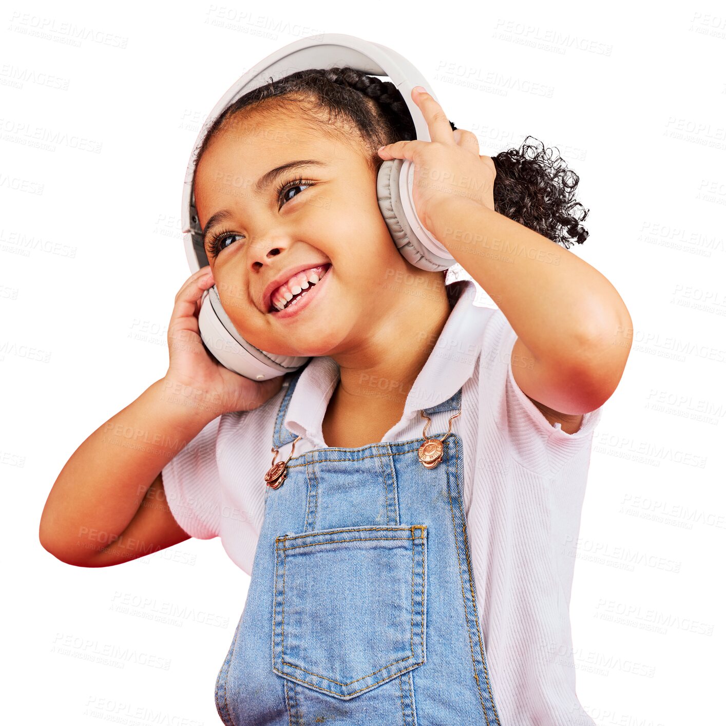 Buy stock photo Happy, kid and music headphones to dance isolated on a transparent png background. Radio, smile and African girl child listening while streaming sound, audio or podcast, media and hip hop with energy