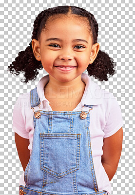 Buy stock photo Portrait, child with a smile and girl with happiness on isolated, transparent or png background mockup. Happy, face and cheerful toddler or excited model for summer, fashion or clothes for kids