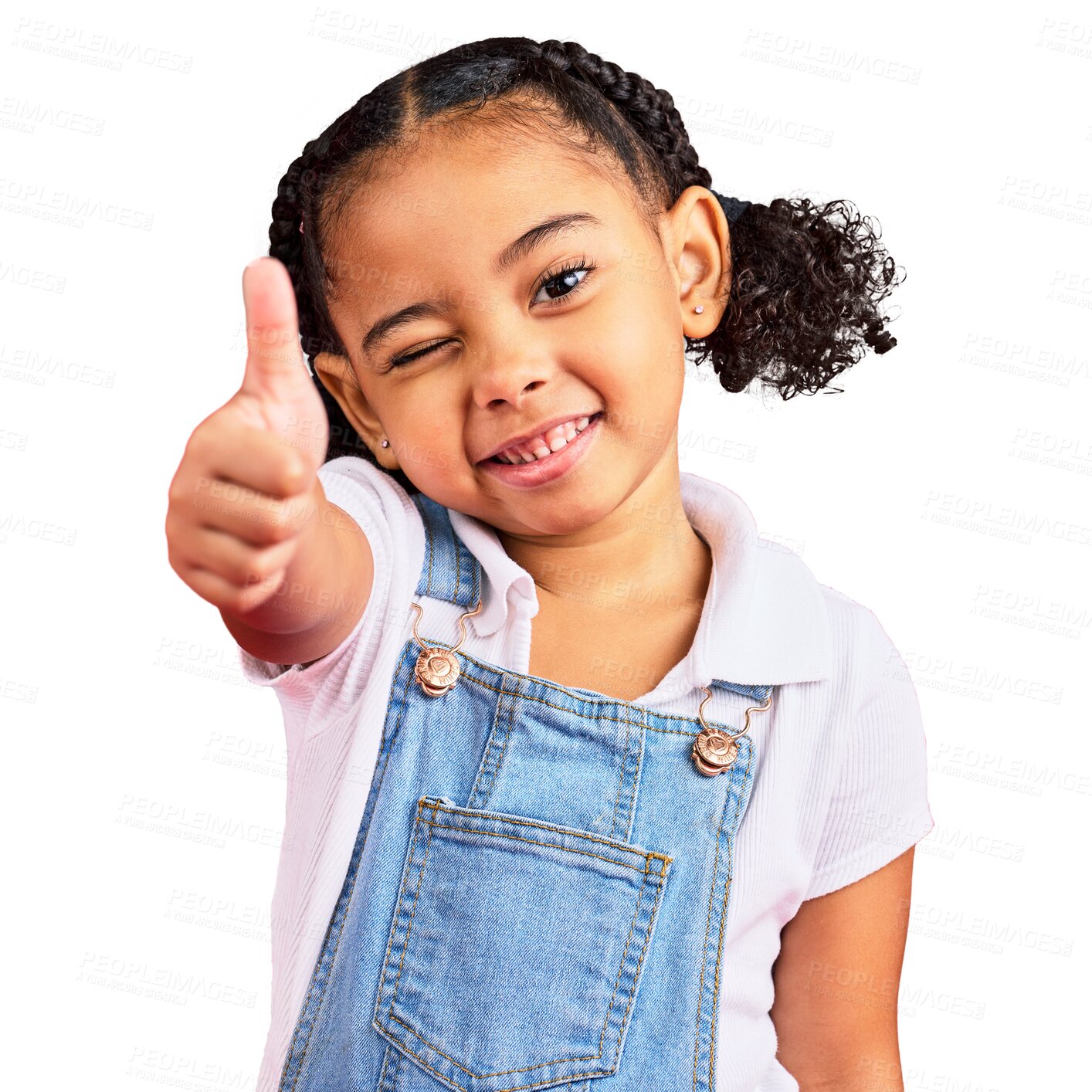Buy stock photo Thumbs up, portrait and girl child isolated on transparent png background with okay hand sign. Face of happy african kids with like emoji, support and vote or thank you and yes agreement or review 