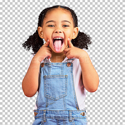 Buy stock photo Tongue, child and african girl in portrait in isolated or png with transparent background with games. Kid, comic and funny face with playful expression or goofy youth, silly emoji for humor.