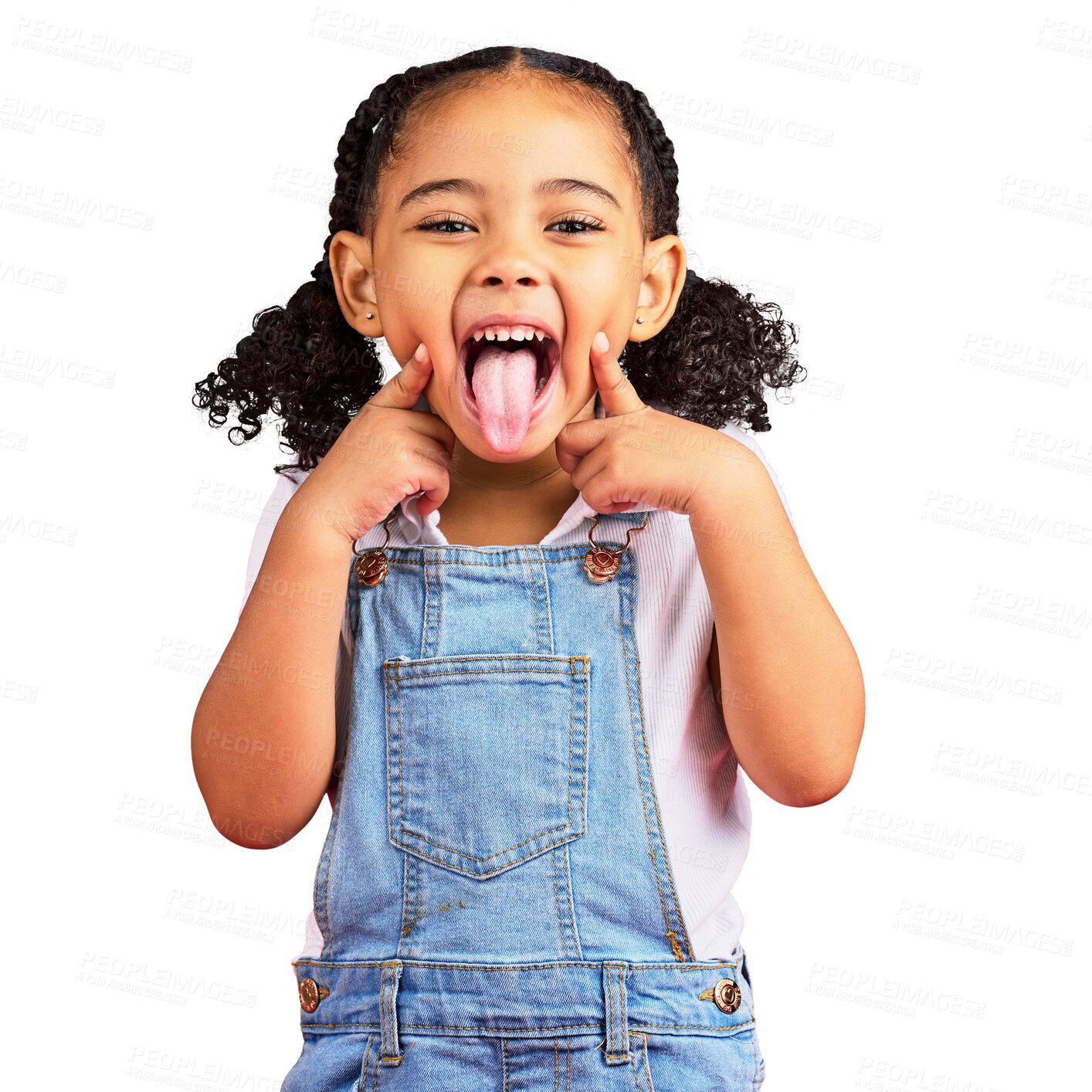 Buy stock photo Tongue, child and african girl in portrait in isolated or png with transparent background with games. Kid, comic and funny face with playful expression or goofy youth, silly emoji for humor.