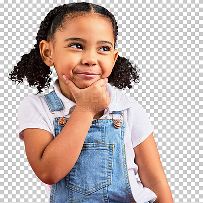 Buy stock photo Happy, girl with idea or thinking face of kindergarten student with a goal, dream or plan on isolated, transparent or png background. African, child with curious or creative mind with a question