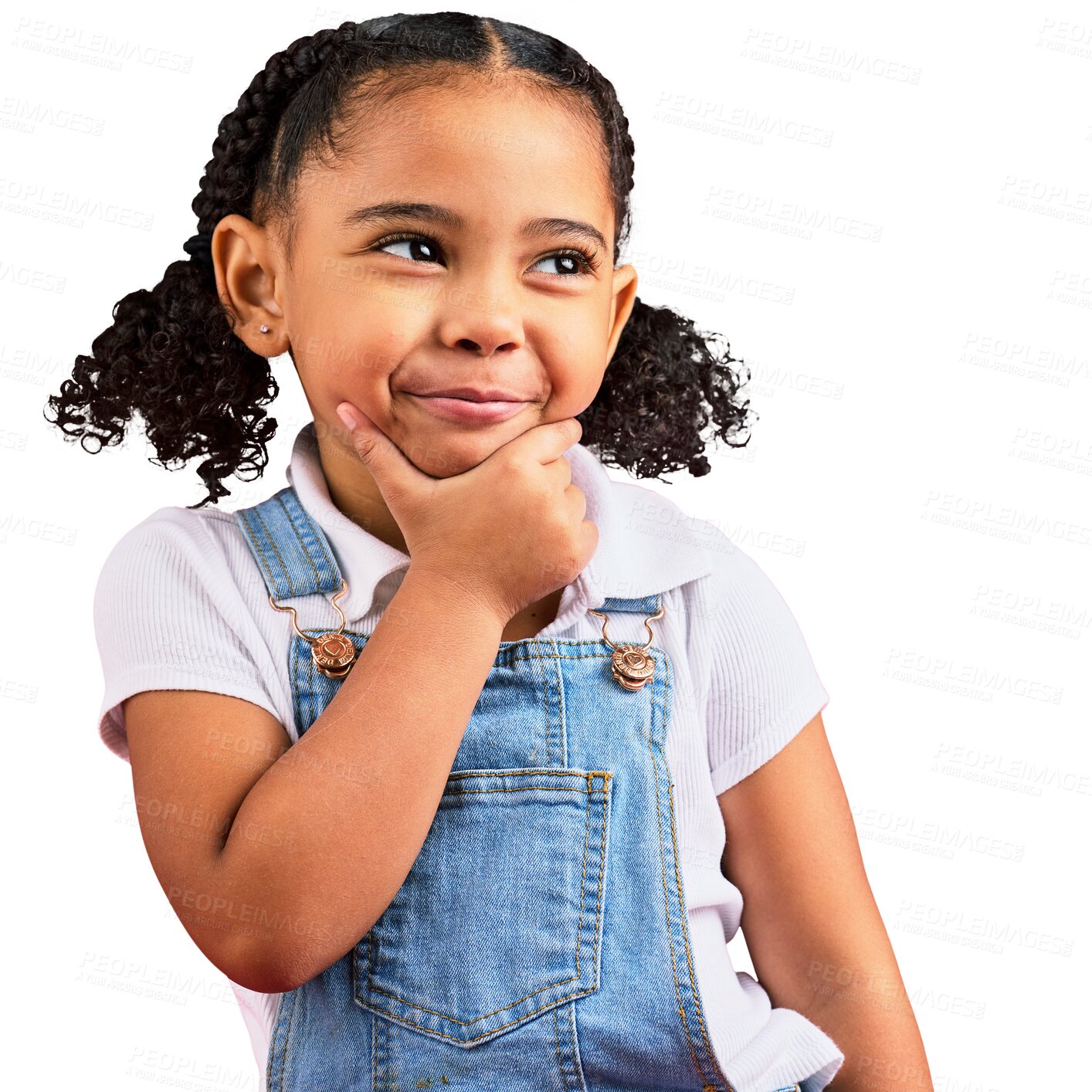 Buy stock photo Happy, girl with idea or thinking face of kindergarten student with a goal, dream or plan on isolated, transparent or png background. African, child with curious or creative mind with a question