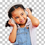 Happy, kid and headphones for music, radio and fun podcast on is