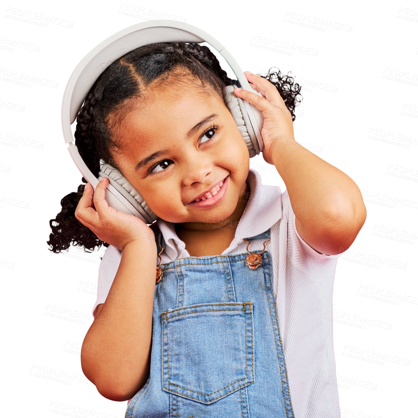 Buy stock photo Music headphones, smile and kid thinking isolated on a transparent png background. Radio, happy and African girl child listening while streaming sound, audio or podcast, jazz and hip hop for fun