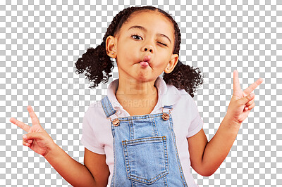 Buy stock photo Hand sign, girl with peace and kid with funny, emoji expression or clothes on isolated, transparent or png background. Portrait, mockup and female child with fun, cool and creative style in summer