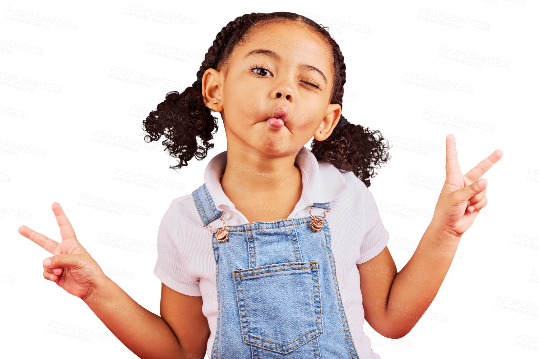 Buy stock photo Hand sign, girl with peace and kid with funny, emoji expression or clothes on isolated, transparent or png background. Portrait, mockup and female child with fun, cool and creative style in summer