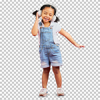Buy stock photo Music headphones, dancing and happy kid isolated on a transparent png background. Radio, smile and African girl child listening while streaming sound, audio or podcast, media and hip hop with energy