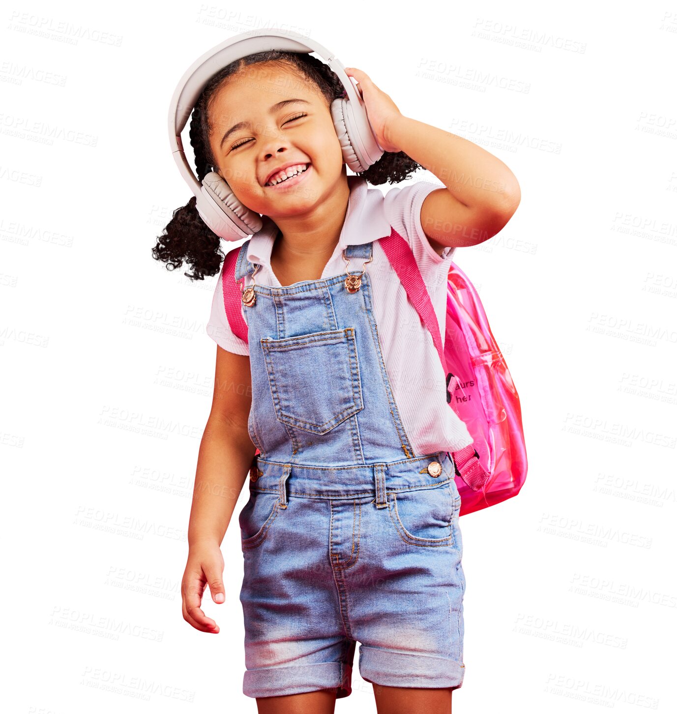 Buy stock photo Smile, music headphones and school girl isolated on a transparent png background. Radio, happy and African student, child or kid listening while learning sound, audio and study podcast for education.