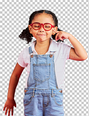Buy stock photo Vision, glasses and child thinking with eyes closed standing isolated on a transparent PNG background. Ideas, eyesight and happy playful expression, goofy little girl in spectacles for eye care plan