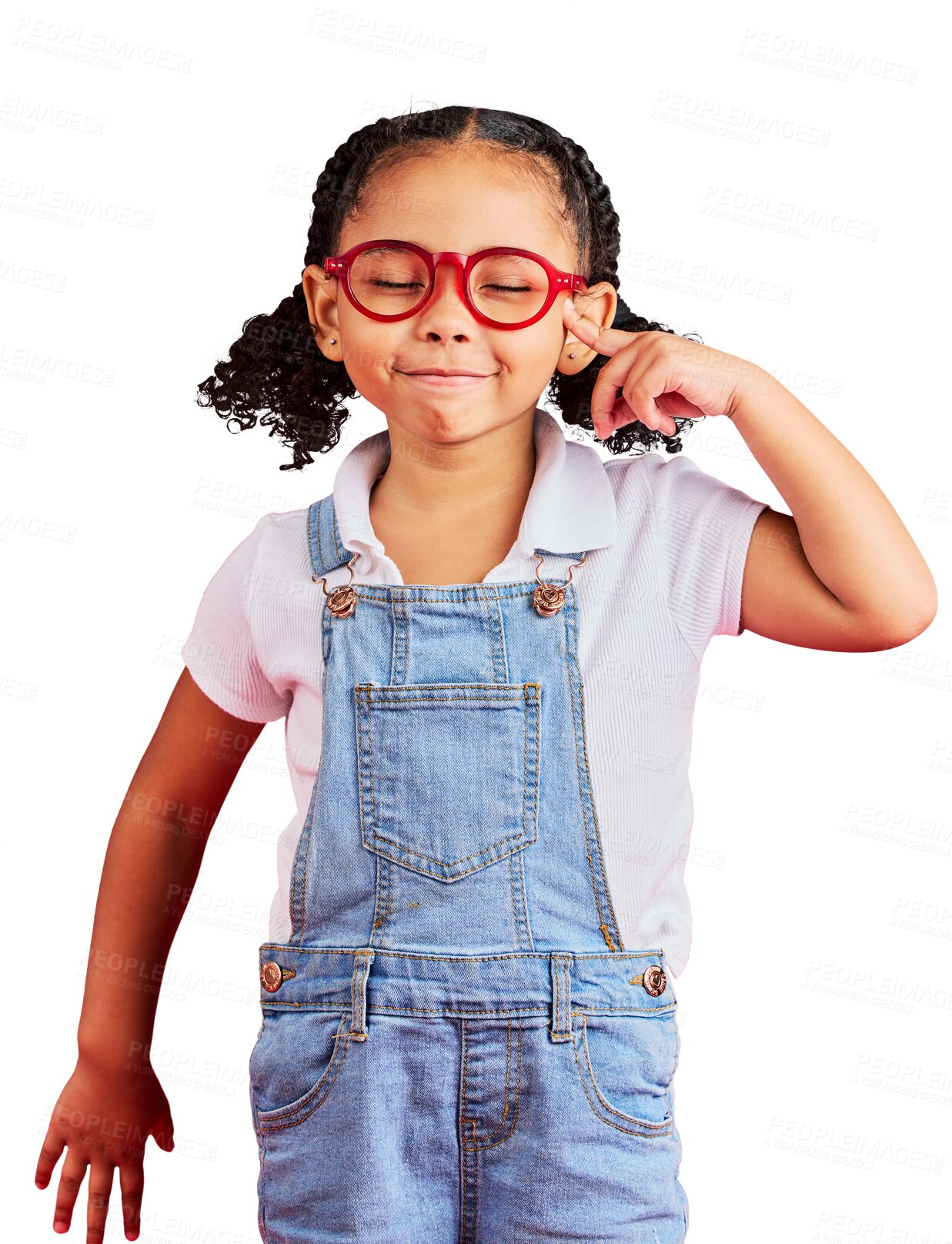 Buy stock photo Vision, glasses and child thinking with eyes closed standing isolated on a transparent PNG background. Ideas, eyesight and happy playful expression, goofy little girl in spectacles for eye care plan