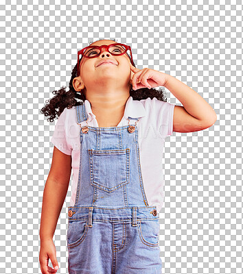 Buy stock photo Looking up, thinking and girl with fashion, glasses and optometry frames isolated on a transparent background. Female child, decision and kid with optician, clear vision and ideas with png and choice