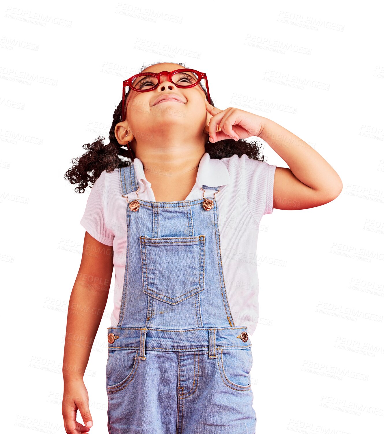 Buy stock photo Looking up, thinking and girl with fashion, glasses and optometry frames isolated on a transparent background. Female child, decision and kid with optician, clear vision and ideas with png and choice