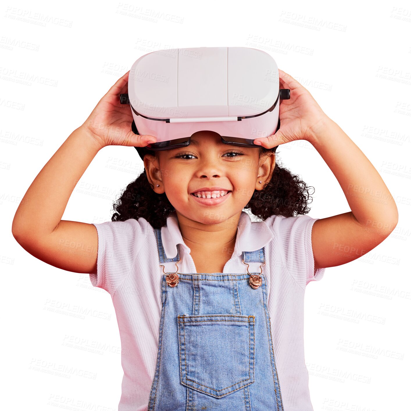 Buy stock photo Glasses, virtual reality and child portrait in metaverse, 3d games or futuristic technology in school. VR education, face and happy kid or girl in digital world isolated on transparent png background
