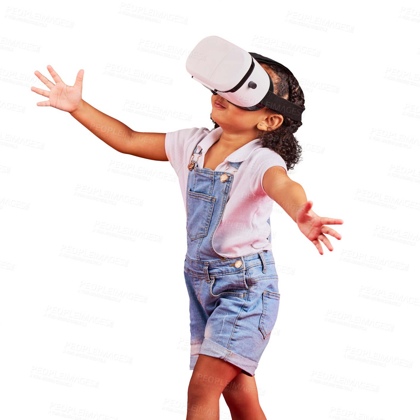 Buy stock photo Young child, girl with virtual reality and metaverse, gaming and experience isolated on png transparent background. Digital world, 3D and female kid, VR goggles and video games with future technology