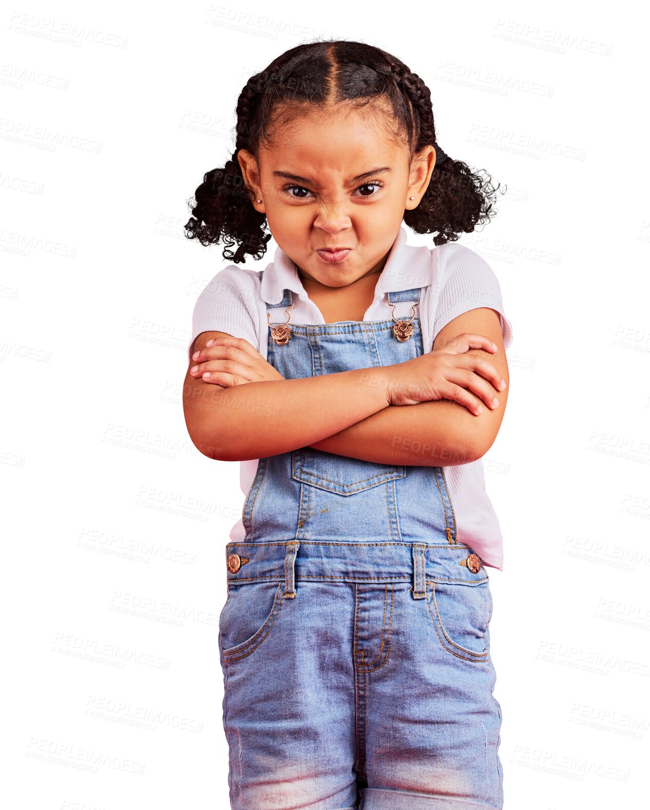 Buy stock photo Portrait, frustrated and problem with black girl with arm crossed in png or isolated and transparent background. Angry, face and kid with annoyed facial expression or attitude and upset with tantrum.