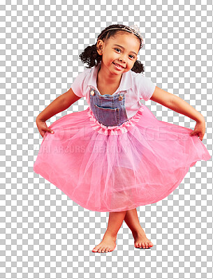 Dance, happy child and portrait in princess dress, fantasy and r