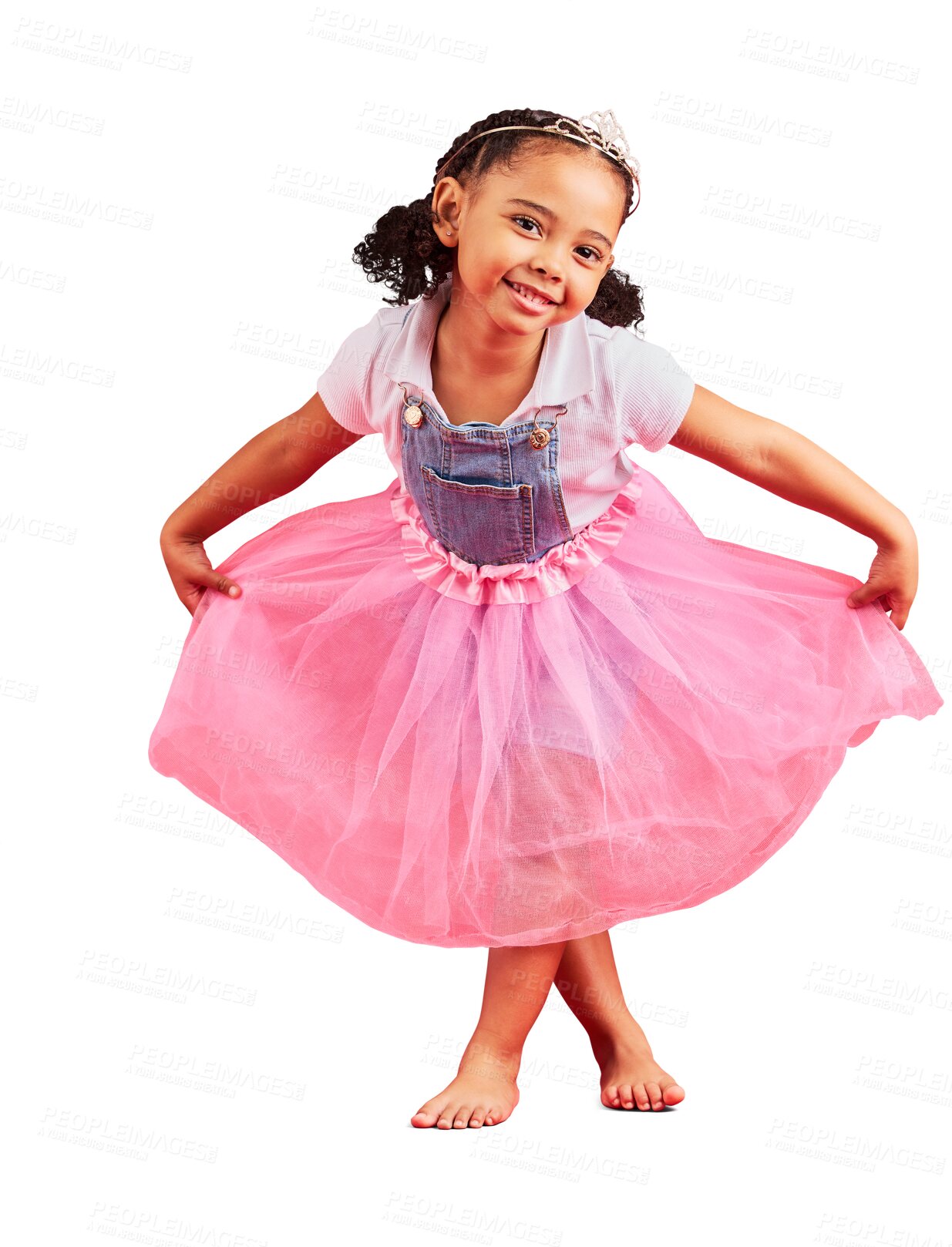 Buy stock photo Dance, portrait and girl in princess dress, fantasy and performance isolated on transparent png background. Happy child or kid in ballet skirt, fairytale clothes and pink fashion or crown for dancing