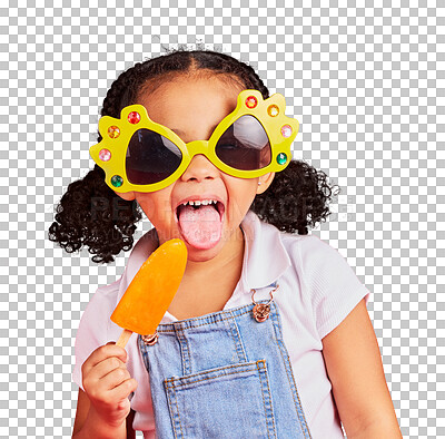 Child, sunglasses or ice cream on isolated red background or ton