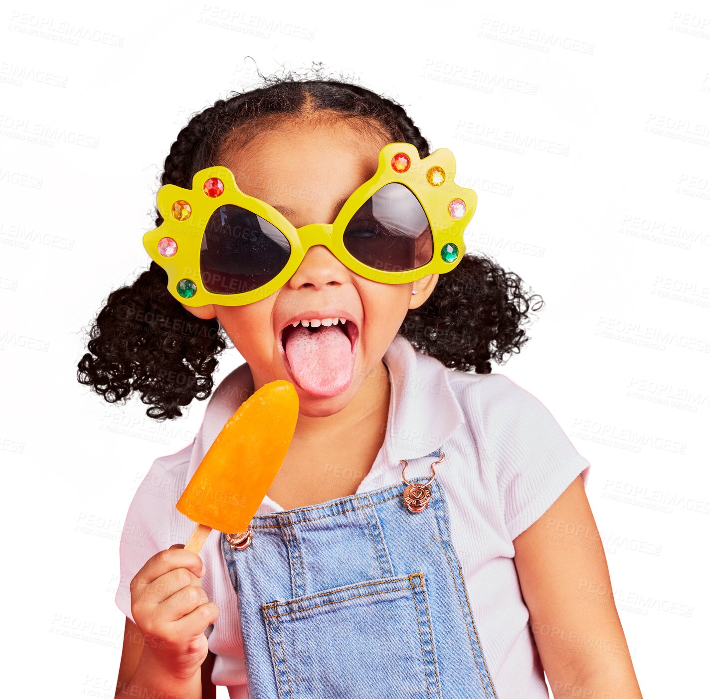 Buy stock photo Sunglasses, tongue out and girl with a popsicle for cool snack or sweet treat for summer. Happy, excited and child model eating fruit ice cream with accessory isolated by transparent png background.