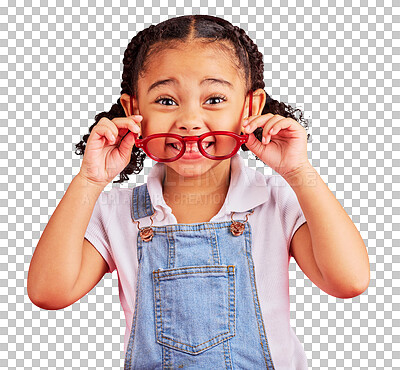 Buy stock photo Portrait, glasses and smile with a girl child isolated on a transparent background for vision. Medical, insurance and eyewear with a happy young female kid on PNG for prescription frame lenses