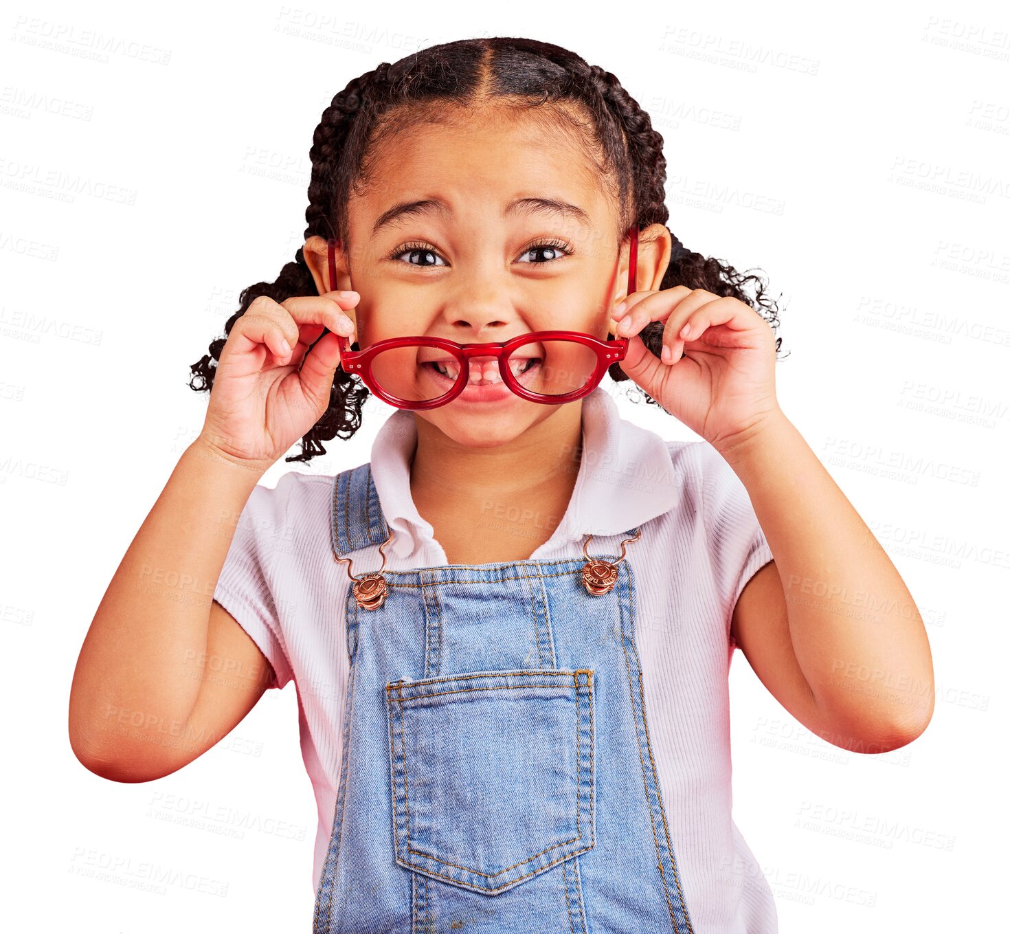 Buy stock photo Portrait, glasses and smile with a girl child isolated on a transparent background for vision. Medical, insurance and eyewear with a happy young female kid on PNG for prescription frame lenses