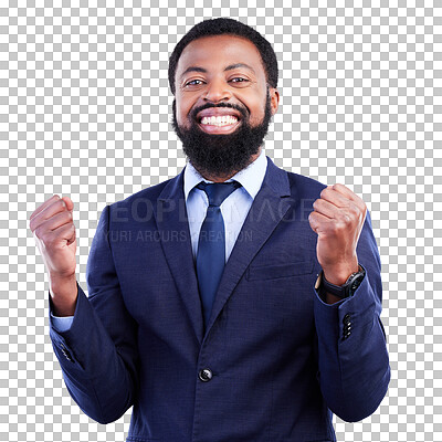 Buy stock photo Winner portrait and bonus with business black man in png or isolated or transparent background with lawyer. Success, excited and face with male professional for promotion and opportunity at job.