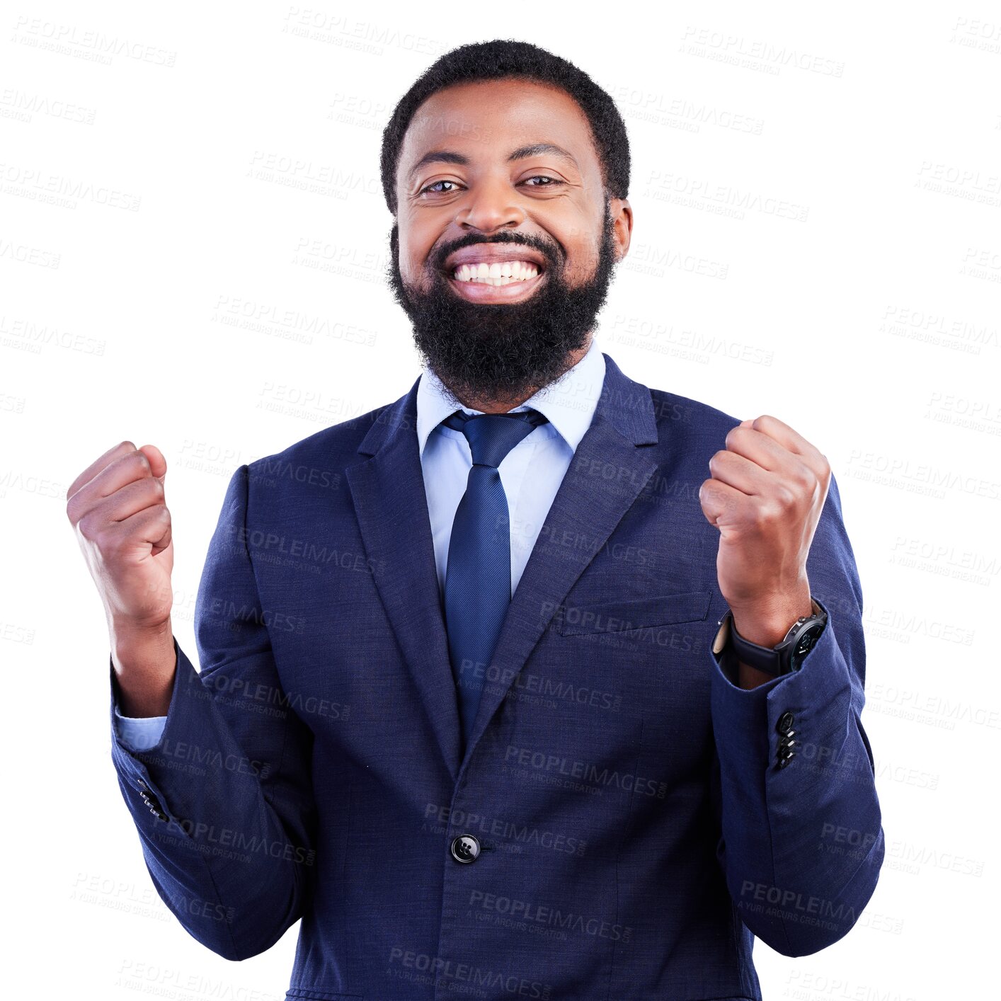 Buy stock photo Winner portrait and bonus with business black man in png or isolated or transparent background with lawyer. Success, excited and face with male professional for promotion and opportunity at job.