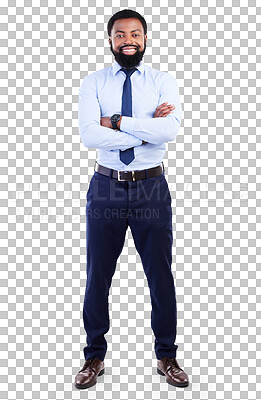 Buy stock photo Business, portrait and black man with arms crossed in full body for corporate fashion style and career. Happy professional person in shirt with job confidence isolated on transparent, png background