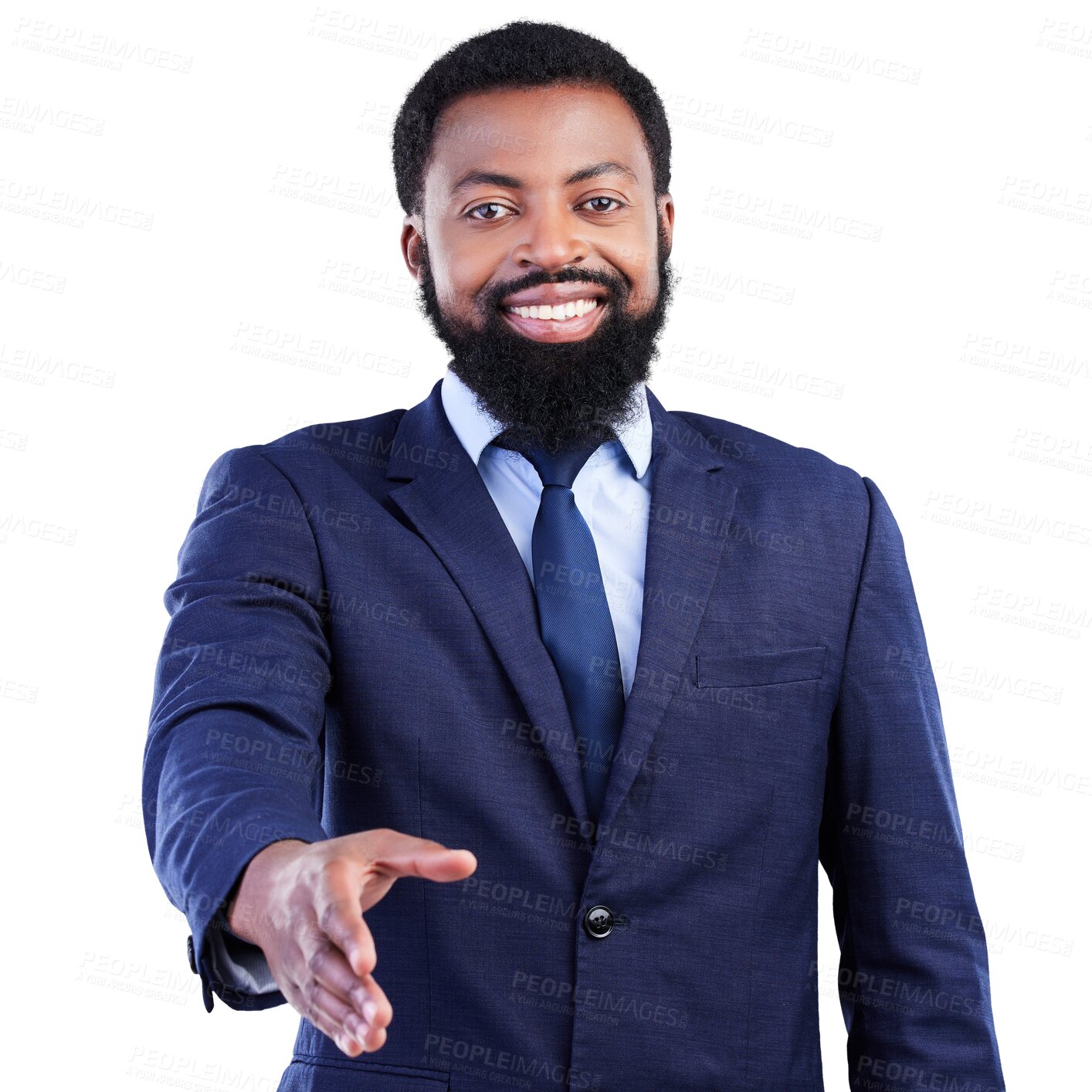 Buy stock photo Handshake, offer and portrait of black man for business introduction and financial deal, success or partnership. Person or accountant shaking hands in meeting isolated on transparent, png background